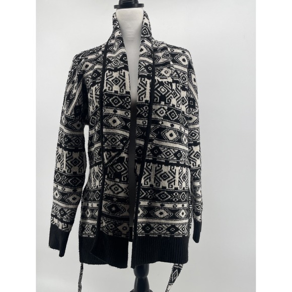 Rachel Zoe Open Sweater Belted Cardigan Women's Medium Aztec Black Ivory Thick - Picture 2 of 8